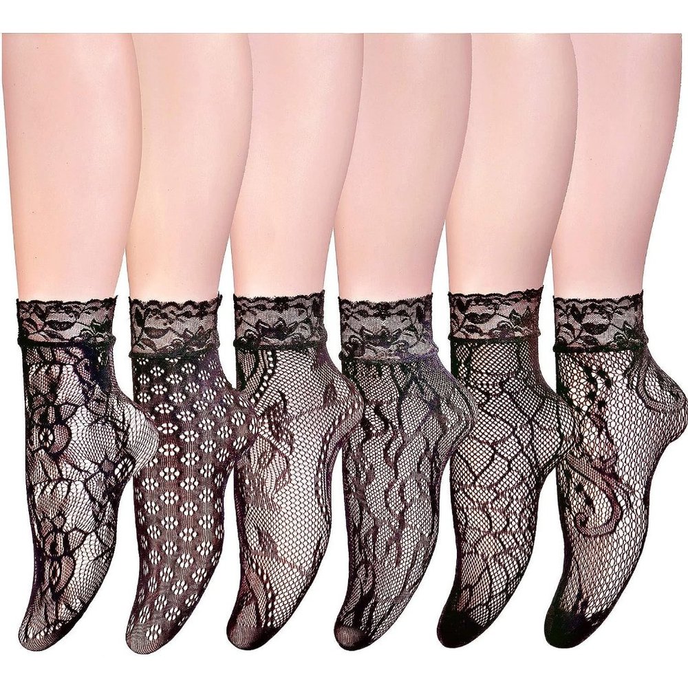 Women Black 6 Pairs Lace Fishnet Anklet Socks Dress